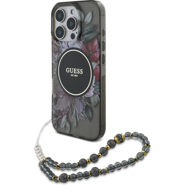 Guess IML Flowers Pearl Strap MagSafe kryt iPhone 16 Pro Max čierny