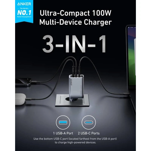 Anker nabíjačka do siete Prime 100W, 2xUSB-C, 1xUSB-A strieborná - Nabíjačky - Obrázok c917935131224d429165051621a5c889