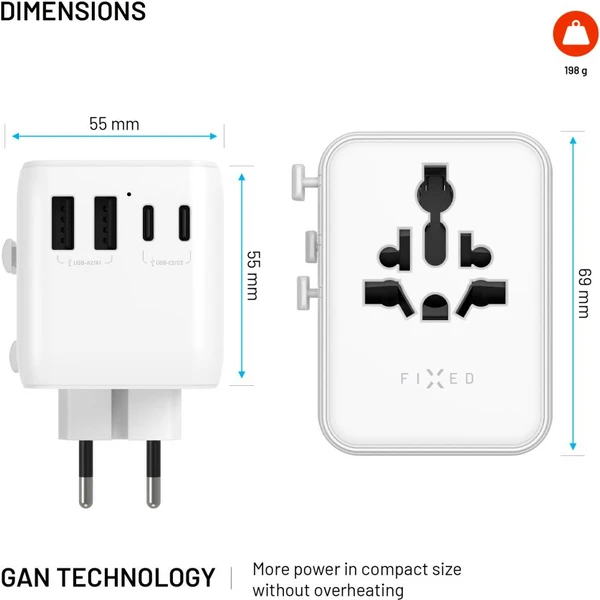 FIXED Voyager (70W) cestovný adaptér pre EU/UK/USA/AUS, 3xUSB-C a 2xUSB, GaN, PD biely - Nabíjačky - Obrázok c95b08ed5c774345b8e8baa24f691aa8