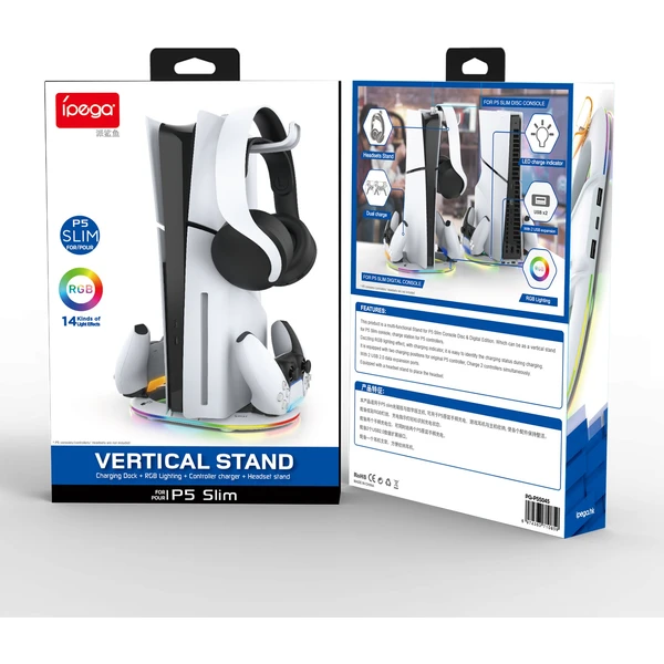 iPega P5S045 Vertikálne Nabíjací Stojan s RGB pre PS5/PS5 Slim/PS5 Pro biely - Nabíjačky - Obrázok c9ea6f84e5884825b07ba2c2e857a7da