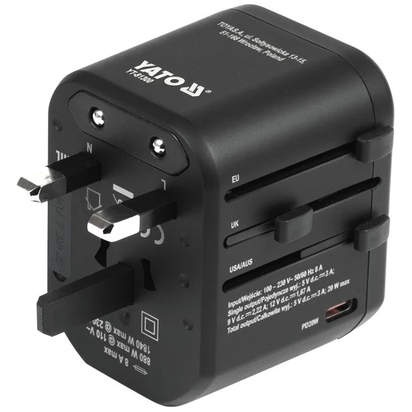 Vasco Yato univerzálny cestovný adaptér, PD USB-C, QC3.0 USB-A, - Nabíjačky - Obrázok caea1c81cdb34e89b952ae9386575533