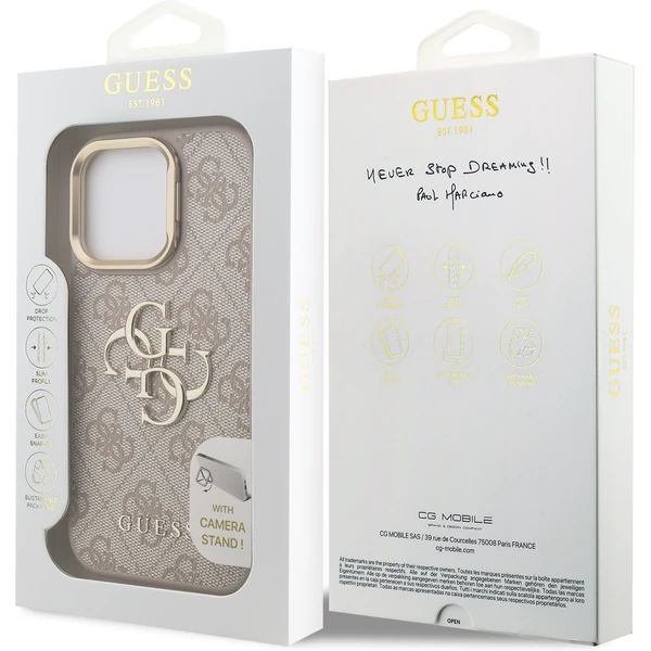 Guess PU 4G Metal Logo Stand Camera Frame kryt iPhone 15 Pro Max ružový - Puzdra - Obrázok cb510690796049f78b5a260ce6082eab