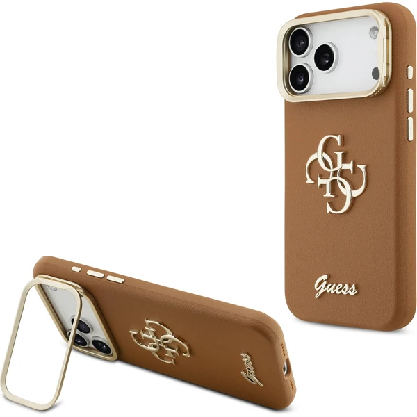 Guess PU Grained 4G Logo Stand Camera Frame kryt iPhone 17 Pro Max hnedý - Puzdra - Hlavný obrázok