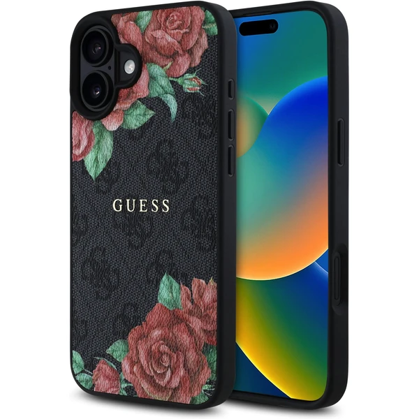 Guess PU Leather 4G Roses MagSafe kryt iPhone 16 čierny - Puzdra - Hlavný obrázok