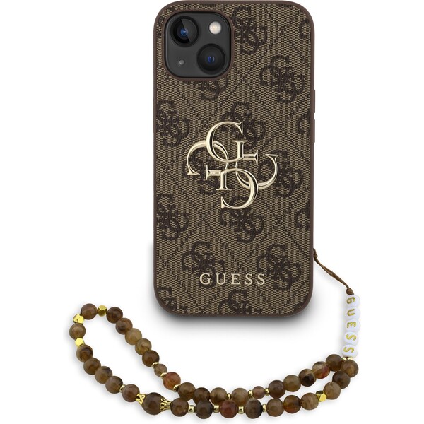 Guess PU 4G Metal Logo Strap kryt iPhone 15 hnedý