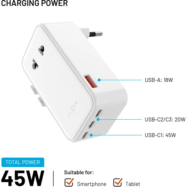 FIXED Voyager Slim 45W cestovní GaN adaptér (PD) pro EU, UK a USA/AUS, bílý - Nabíjačky - Obrázok cd4193b7ade64b0aa3b704e62c521852