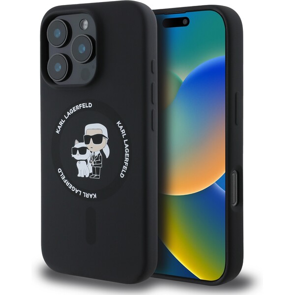 Karl Lagerfeld Liquid Silicone Karl a Choupette MagSafe kryt iPhone 16 Pro čierny