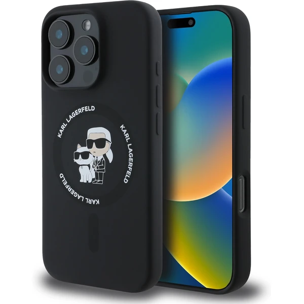 Karl Lagerfeld Liquid Silicone Karl a Choupette MagSafe kryt iPhone 16 Pro čierny - Puzdra - Hlavný obrázok
