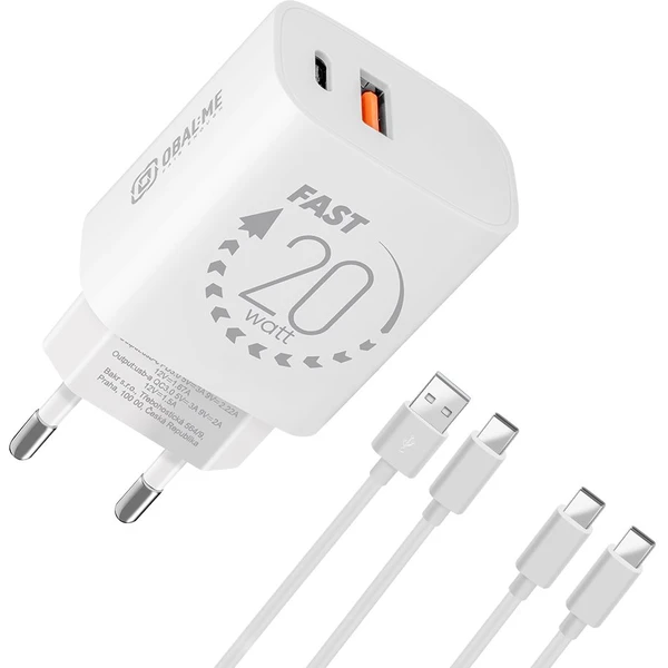 OBAL:ME nabíjačka USB-A/USB-C (20W) + 2x kábel (1m) biela - Nabíjačky - Hlavný obrázok