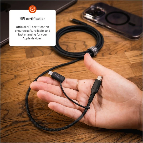 FIXED nabíjací kábel s USB-C/USB-C a Lightning, 3m, MFi, PD 60W, sivý - Káble - Obrázok d019059db26441a494f7179e82199130