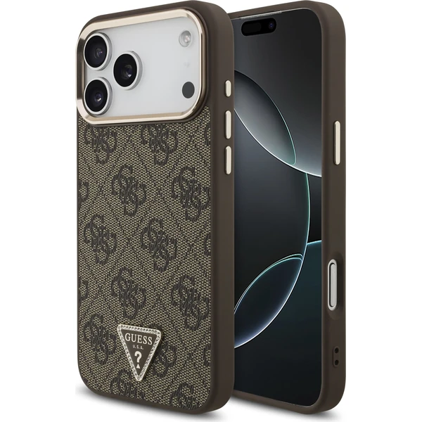 Guess PU Leather 4G Strass Triangle Logo Gold Frame MagSafe Zadný kryt pre iPhone 18 Pro Max Brown - Puzdra - Hlavný obrázok