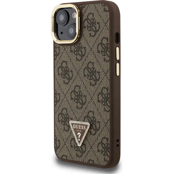 Guess PU 4G Strass Triangle Logo Stand Camera Frame MagSafe kryt iPhone 13 hnedý - Puzdra - Obrázok d2e7e2a667194bf0ae18048cd9279a66