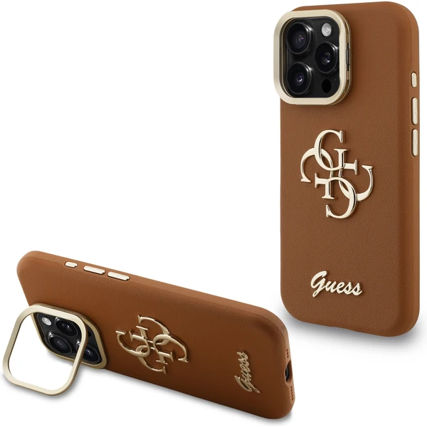 Guess PU Grained 4G Logo Stand Camera Frame kryt iPhone 15 Pro Max hnedý - Puzdra - Hlavný obrázok