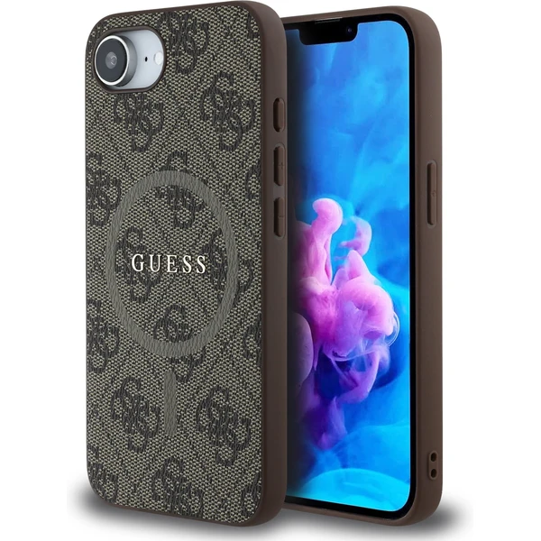 Guess PU Leather 4G Farebný prsteň MagSafe kryt iPhone 17e/16e hnedý - Puzdra - Hlavný obrázok