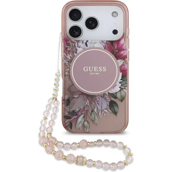 Guess IML Flowers Strap MagSafe kryt iPhone 17 Pro ružový - Puzdra - Hlavný obrázok