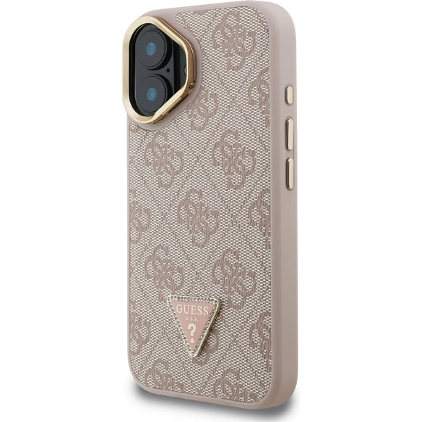 Guess PU 4G Strass Triangle Logo Stand Camera Frame MagSafe kryt iPhone 16 ružový - Puzdra - Obrázok d5852c97120846e890bf7d46c398b5ac