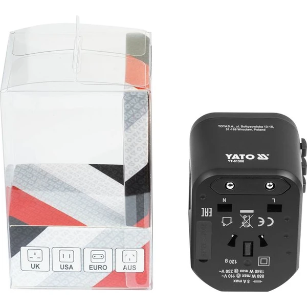 Vasco Yato univerzálny cestovný adaptér, PD USB-C, QC3.0 USB-A, - Nabíjačky - Obrázok d70e503171364e84a9a81cc8e1862ee9