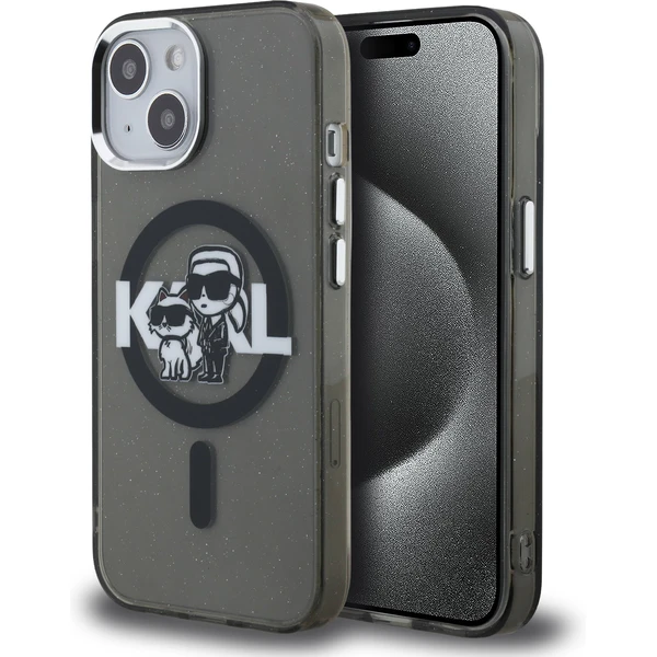 Karl Lagerfeld IML Glitter Karl and Choupette Sketch MagSafe kryt iPhone 15 čierny - Puzdra - Hlavný obrázok