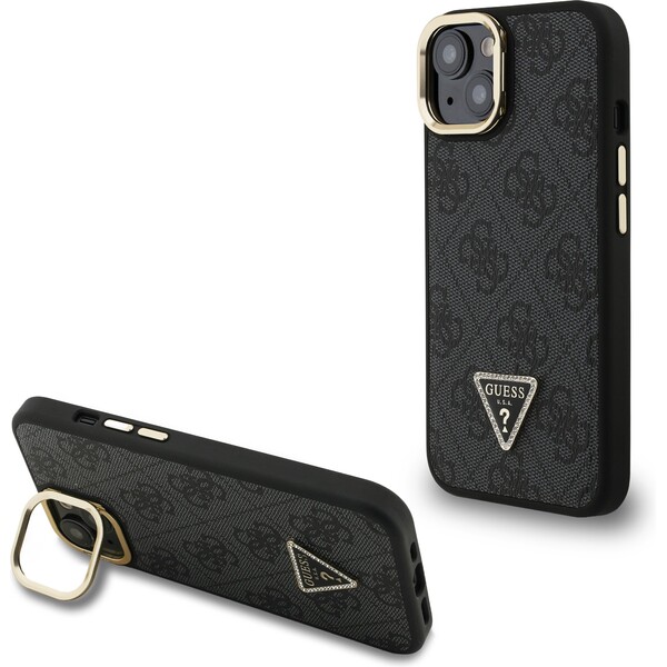 Guess PU 4G Strass Triangle Logo Stand Camera Frame MagSafe Zadný Kryt pre iPhone 15 Black