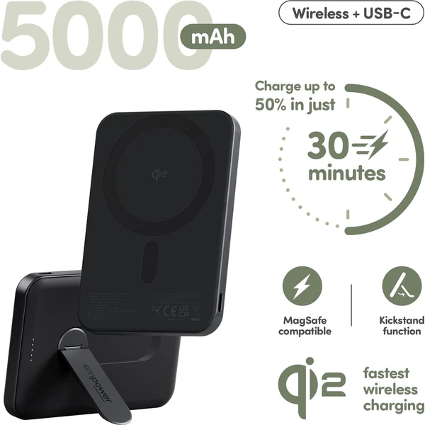 PanzerGlass® empower bezdrôtová Qi2 powerbanka 5000 mAh, MagSafe, otočný stojan, čierna - Powerbanky - Obrázok d_095bee0c62e640aca6fde1f726bc0913