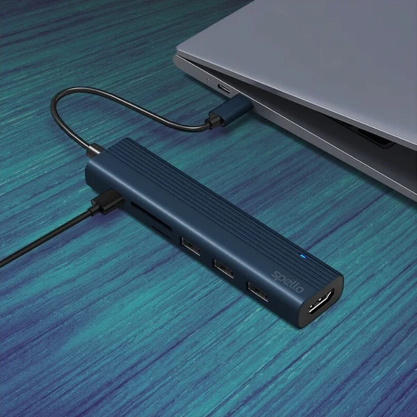 Spello USB-C Hub Slim 7v1, 100W USB-C PD, 3× USB-A, HDMI, slot na SD/TF kartu tmavomodrý - USB huby - Obrázok d_265f2e051283486390abc2ca2a9c98e1