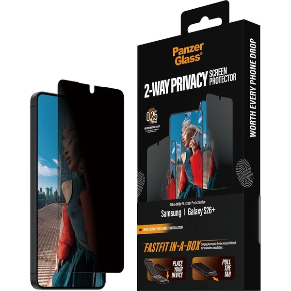PanzerGlass® Privacy sklo s bezprašným aplikačným boxom Samsung Galaxy S26+ - Ochranné fólie a sklo - Hlavný obrázok