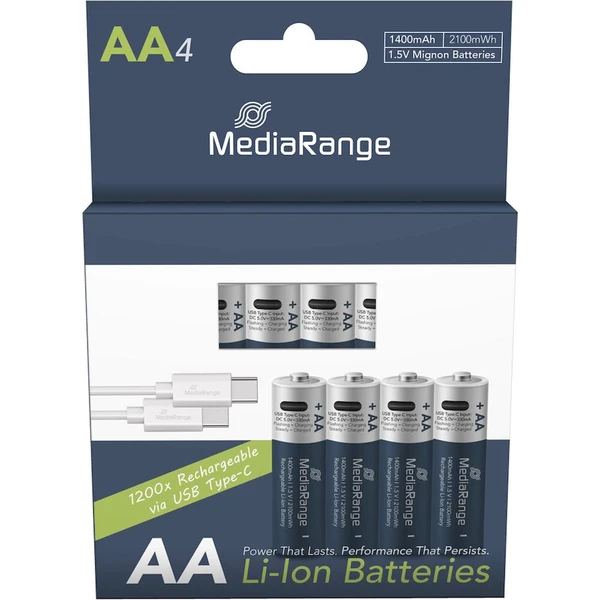 MediaRange nabíjacia USB-C Li-Ion batéria Mignon AA 1,5V 1400 mAh 4ks - Batérie - Hlavný obrázok