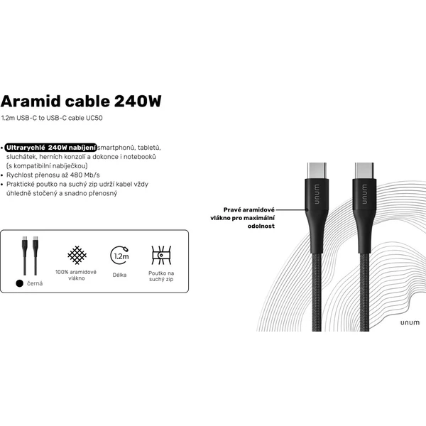 UNUM by Epico Aramid USB-C/USB-C kábel (240W) 1,2m, čierny - Káble a redukcie - Obrázok d_a654d244ae9a416c8123f77f9129007c