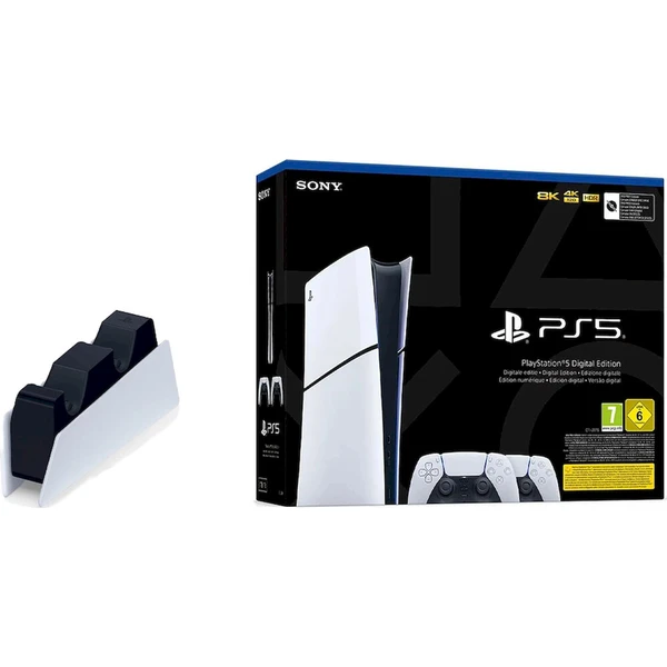 PlayStation 5 Slim Digital Edition 825GB + DualSense biely + Nabíjacia stanica ovládača DualSense - Konzoly - Hlavný obrázok