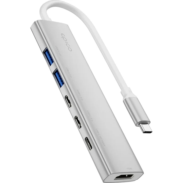 Epico UltraHub 6in1 Slim Alu USB-C Hub EH20 | 100W USB-C PD, 2× USB-A, 3× USB-C, HDMI | strieborná - USB huby - Hlavný obrázok