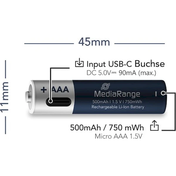 MediaRange dobíjateľné USB-C Li-Ion batérie Micro AAA 1,5V 500 mAh 4ks - Batérie - Obrázok d_c95b61f83bfe42debc15a6f34df800b9