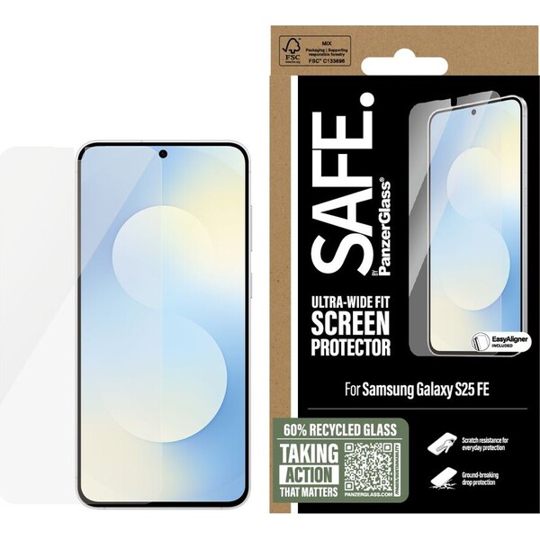 PanzerGlass® SAFE Ultra-Wide Fit sklo Samsung Galaxy S25 FE s inštalačným rámikom - Ochranné fólie a sklo - Hlavný obrázok