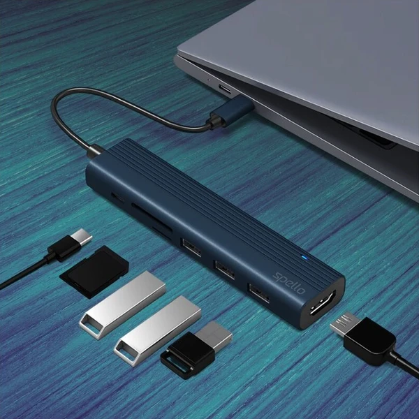 Spello USB-C Hub Slim 7v1, 100W USB-C PD, 3× USB-A, HDMI, slot na SD/TF kartu tmavomodrý - USB huby - Obrázok d_ed5487e8796a4e468add1e71bc8db713