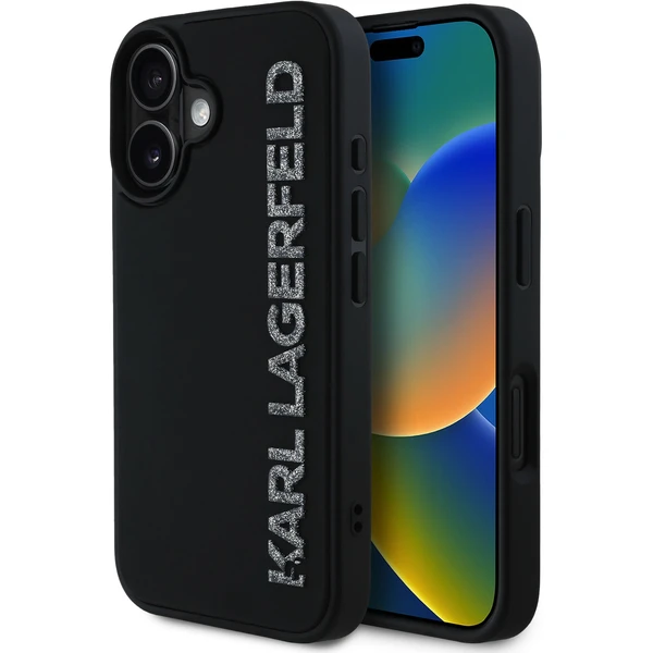 Karl Lagerfeld 3D Rubber Glitter Logo kryt iPhone 16 čierny - Puzdra - Hlavný obrázok