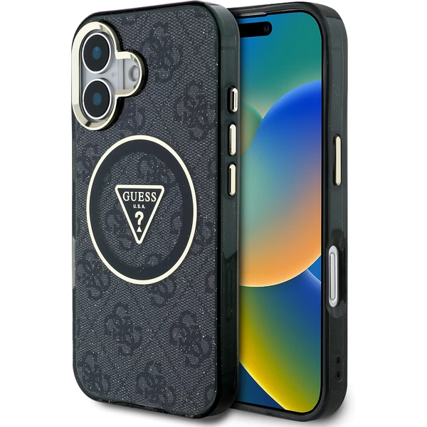 Guess IML 4G Glitter a Triangle Logo MagSafe kryt iPhone 16 čierny - Puzdra - Hlavný obrázok