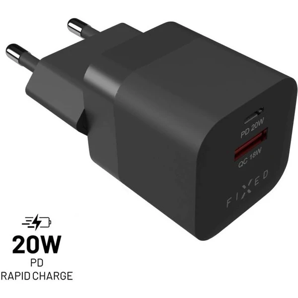 FIXED Mini nabíjačka s USB-C a USB-A výstupom PD 20W a QC 3.0 čierna - Nabíjačky - Hlavný obrázok