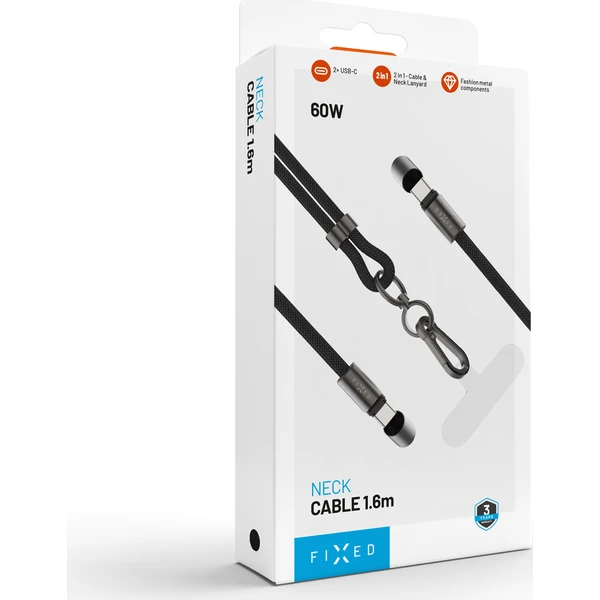 FIXED Neck Cable opletený kábel s USB-C/USB-C, 1.6m, PD 60W, 480Mbps čierny - Káble a redukcie - Obrázok dc0b2950284a46eeb367fdcec5fc7e9f