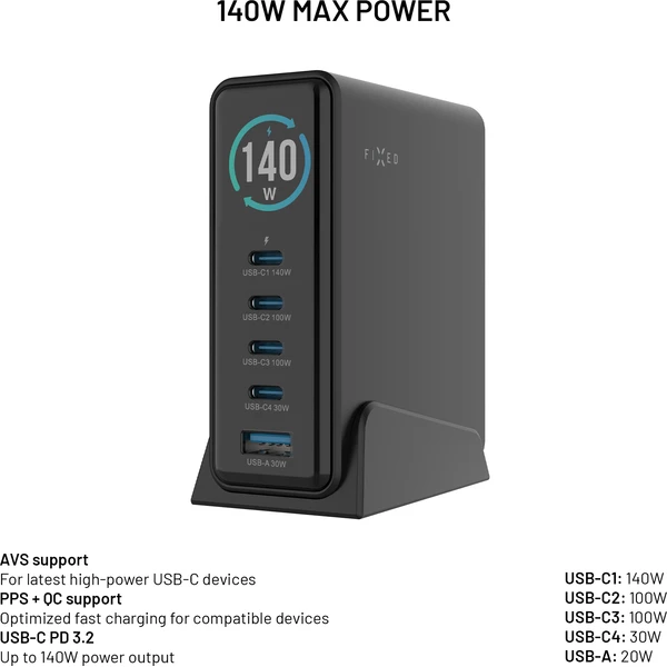 FIXED GaN nabíjecí stanice s displejem, USB-C a USB, PD 3.2 (140W) černá - Nabíjačky - Obrázok dcd120e2f6f74e4792cfb2cae1db527a