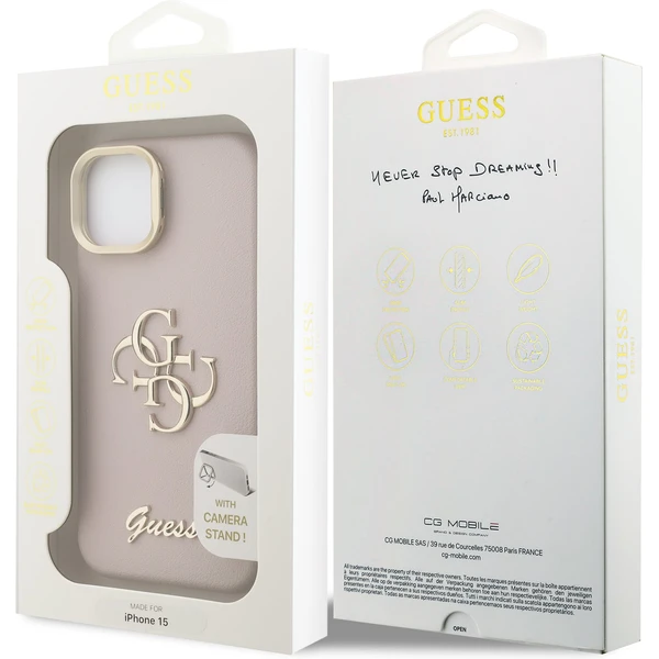 Guess PU Grained 4G Logo Stand Camera Frame kryt iPhone 15 ružový - Puzdra - Obrázok dd1882893b584214b21bc9abf7b67788