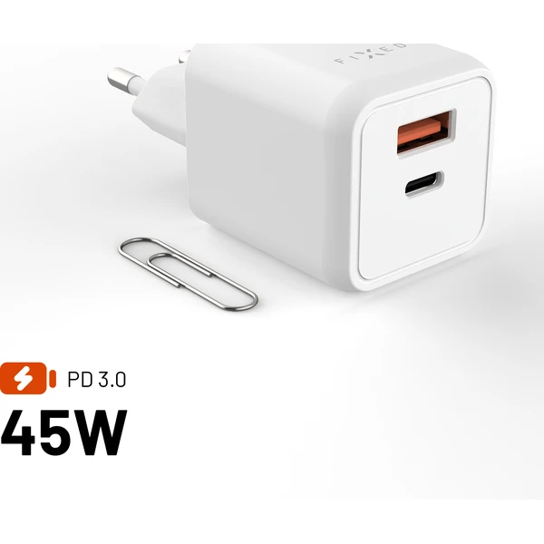 FIXED Mini GaN nabíjačka s USB-C/USB-A (45W) PD biela - Nabíjačky - Hlavný obrázok