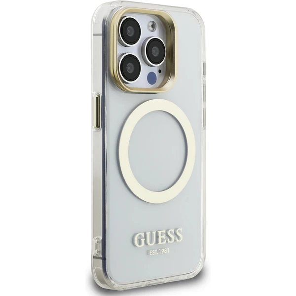 Guess IML Gold Outline Stand Camera Frame MagSafe kryt iPhone 15 Pre číry - Puzdra - Obrázok dee7c4b19ef549918db769ba3b879823
