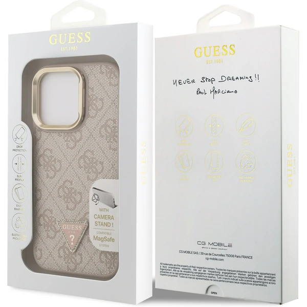 Guess PU 4G Strass Triangle Logo Stand Camera Frame MagSafe kryt iPhone 16 Pre ružový - Puzdra - Obrázok e028c98608604d8cb393307bd28b4631