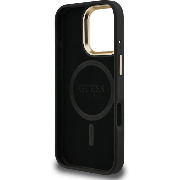 Guess PU 4G Strass Triangle Logo Stand Camera Frame MagSafe kryt iPhone 16 Pre čierny - Puzdra - Obrázok e128c881d20047a197a5c97e7dae4ab4