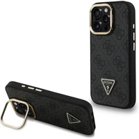 Guess PU 4G Strass Triangle Logo Stand Camera Frame MagSafe kryt iPhone 15 Pro Max čierny - Puzdra