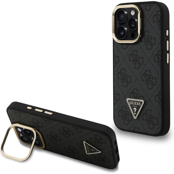 Guess PU 4G Strass Triangle Logo Stand Camera Frame MagSafe kryt iPhone 15 Pro Max čierny - Puzdra - Hlavný obrázok