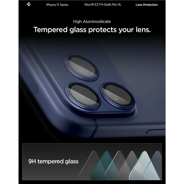 Spigen Glass TR EZ Fit Optik Pro XL sklo na fotoaparát iPhone 17 Pro tmavo modré - Ochranné fólie a sklo - Obrázok e2df8b150bbb4648a2e8c83c4a57dd27
