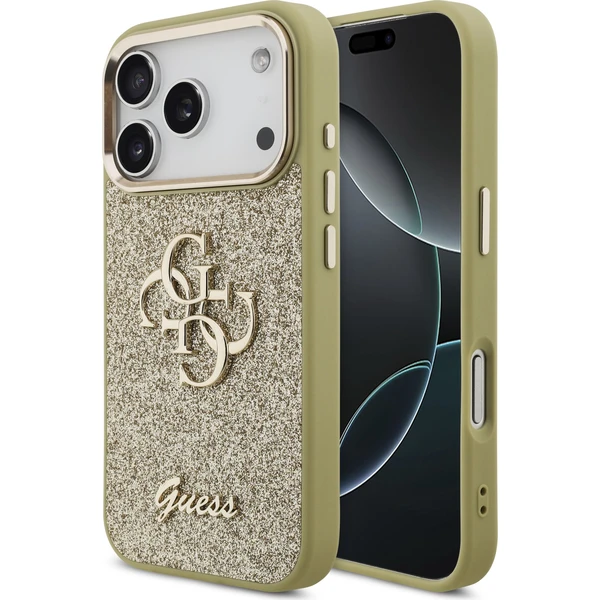 Guess PU Fixed Glitter 4G Metal Frame kryt iPhone 17 Pro zlatý - Puzdra - Hlavný obrázok
