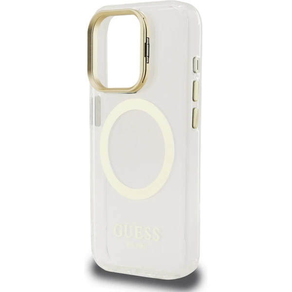 Guess IML Gold Outline Stand Camera Frame MagSafe kryt iPhone 15 Pre číry - Puzdra - Obrázok e3ecf6754ed34493afd9705a39fa3363