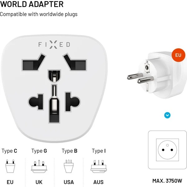 FIXED EU cestovný adaptér 2 pre pripojenie UK, US, AUS zariadení do EU zásuviek, biely - Zásuvky - Obrázok e5fb374c011c4965b6dbd149cfaa592a