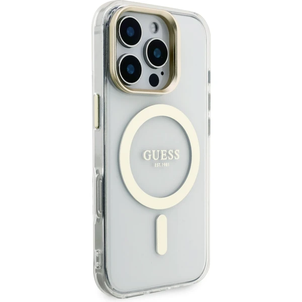 Guess PC/TPU Electroplated Stand Camera Frame MagSafe kryt s vymeniteľným pozadím iPhone 16 Pro - Puzdra - Obrázok e6b71a34191e4046b112a817af7840a5